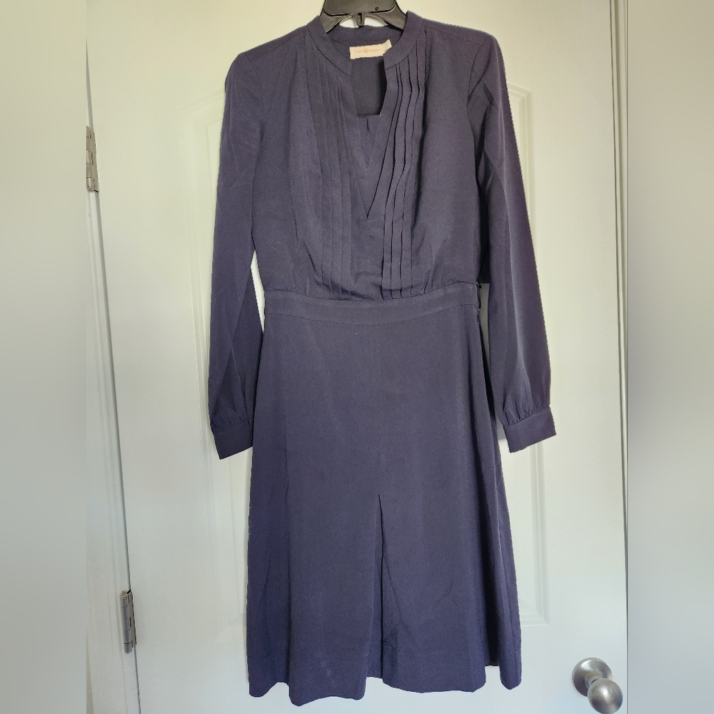 Tory Burch Navy Long Sleeve Pleated Front Dress